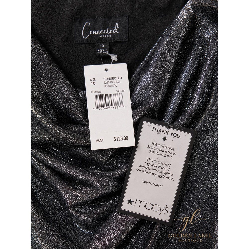 Connected Apparel Size 10 Silver Metallic Cowl Neck Maxi Dress NWT - Picture 9 of 10